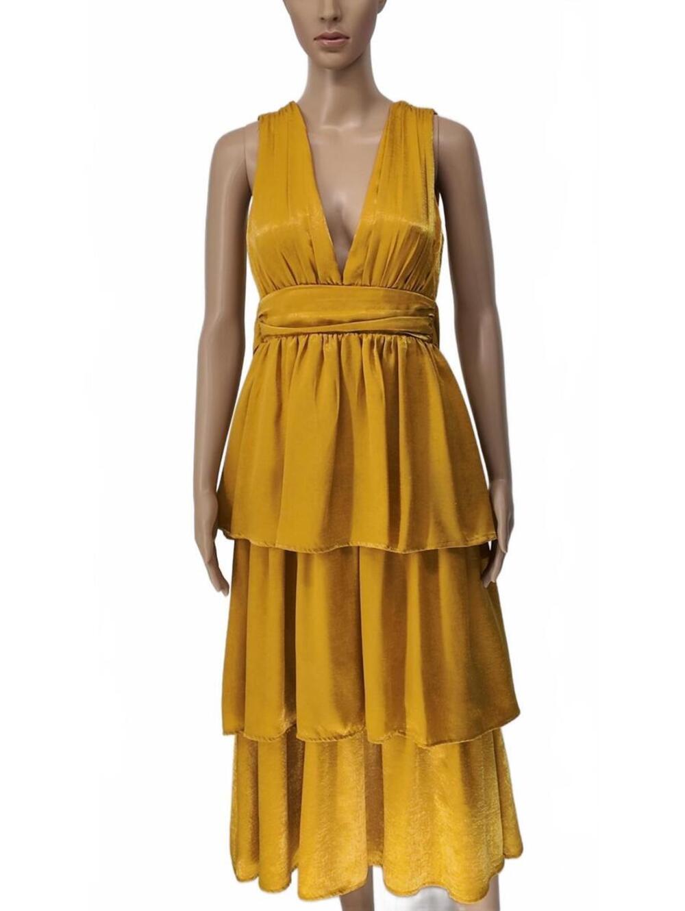 Sleeveless Tiered Midi Dress Regular XS‎ Mustard Velvet Vintage